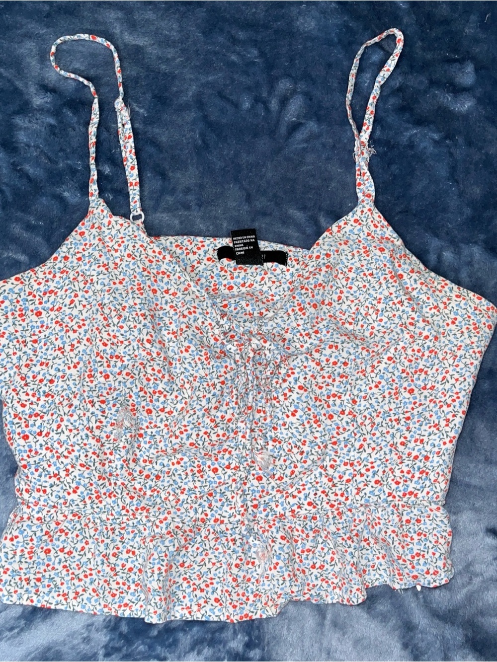 Forever 21 White Floral Smocked Cami with Red & Blue Flowers